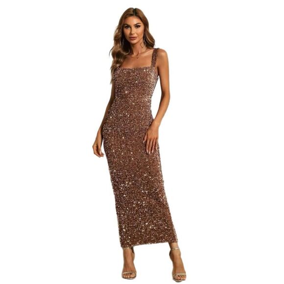 Miss Ord Mocha Sequin Velvet Square Neck Sleeveless Maxi Formal Dress Sz M - Picture 1 of 9